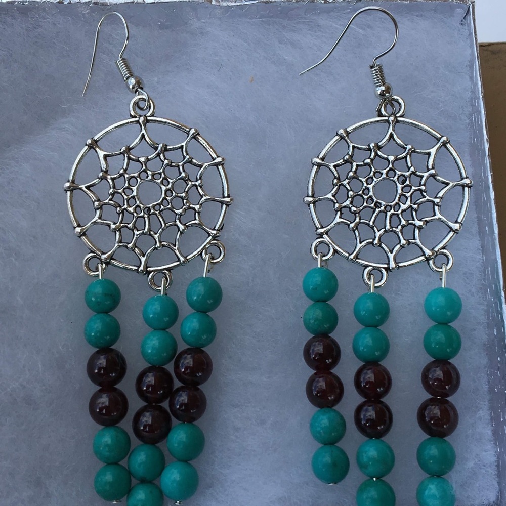 Turquoise Magnesite Garnet Dreamcatcher Earrings - Picture 2 of 8